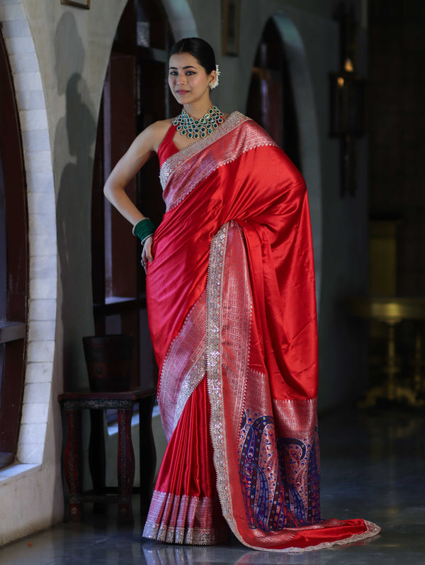Banarasee Handloom Plain Mashru Silk Saree With Lace Border & Meenadar Pallu-Red