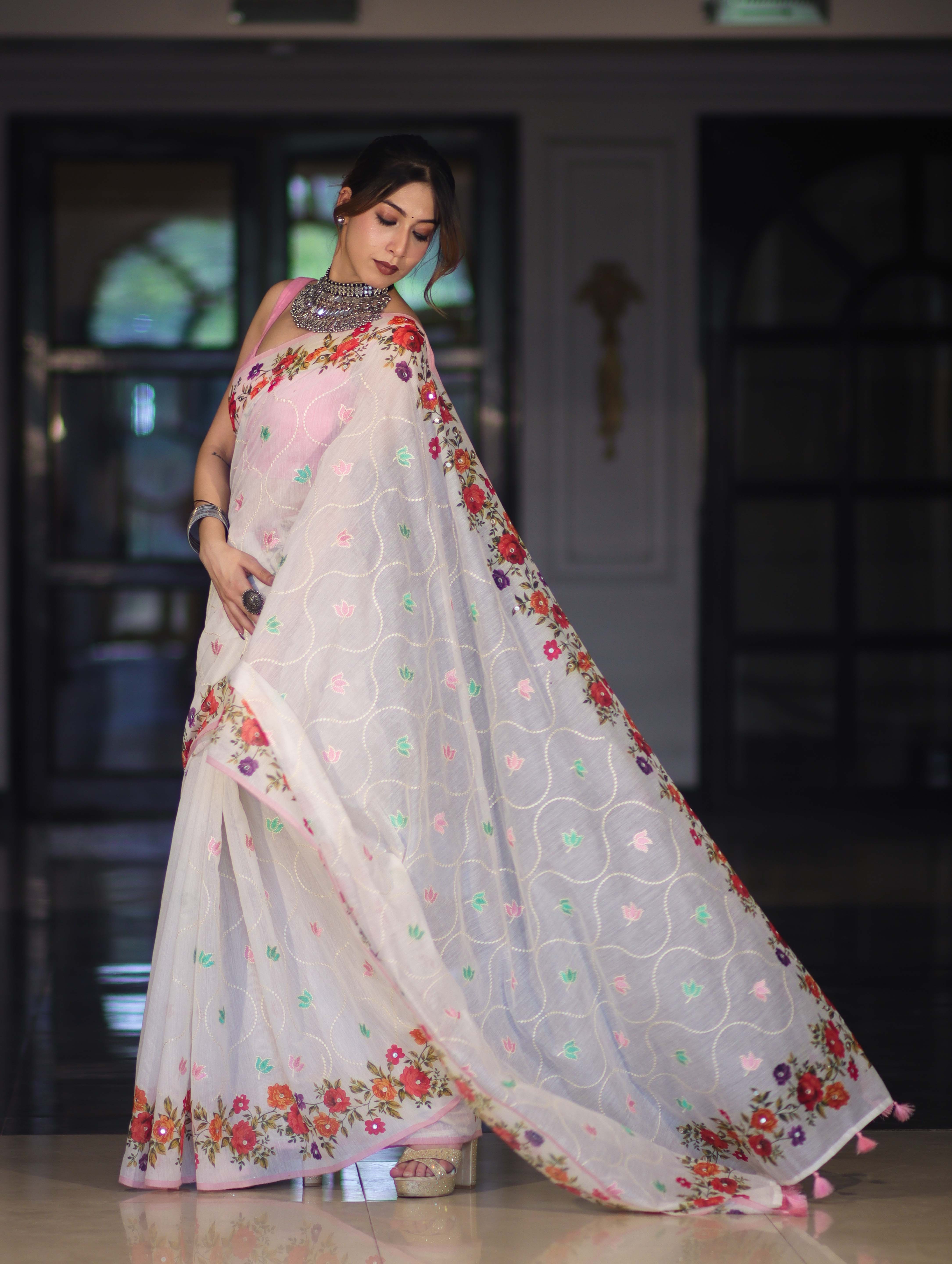 Banarasee Handloom Cotton Saree With Embroidered Floral Design & Digital Printed Border-White