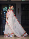 Banarasee Handloom Cotton Saree With Embroidered Floral Design & Digital Printed Border-White