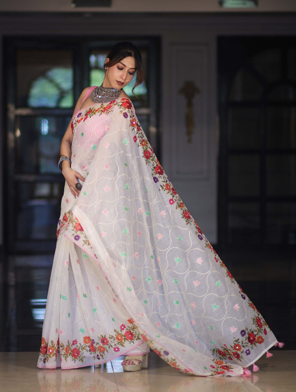 Banarasee Handloom Cotton Saree With Embroidered Floral Design & Digital Printed Border-White