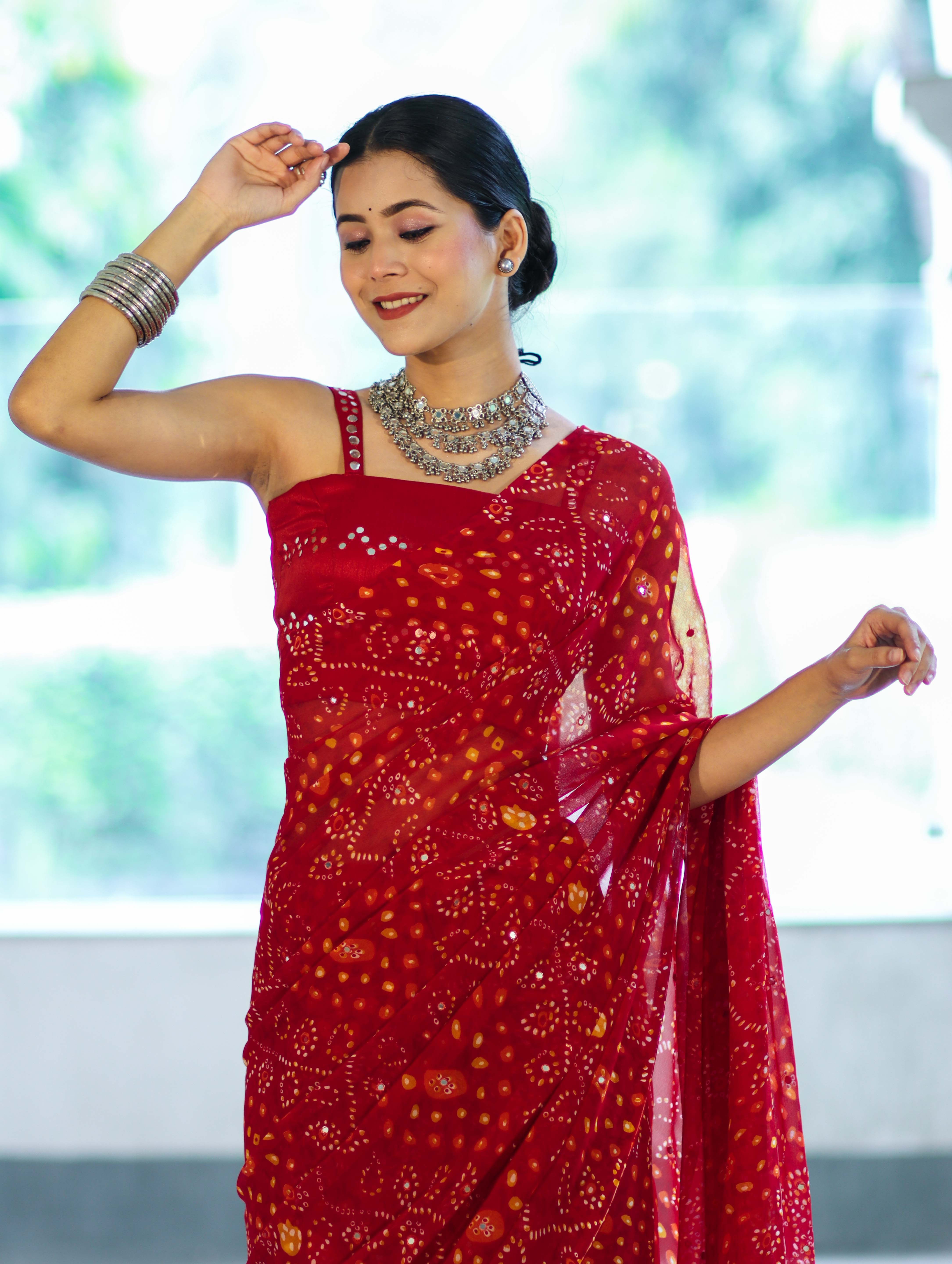 Banarasee Printed Handwork Chiffon Saree-Red
