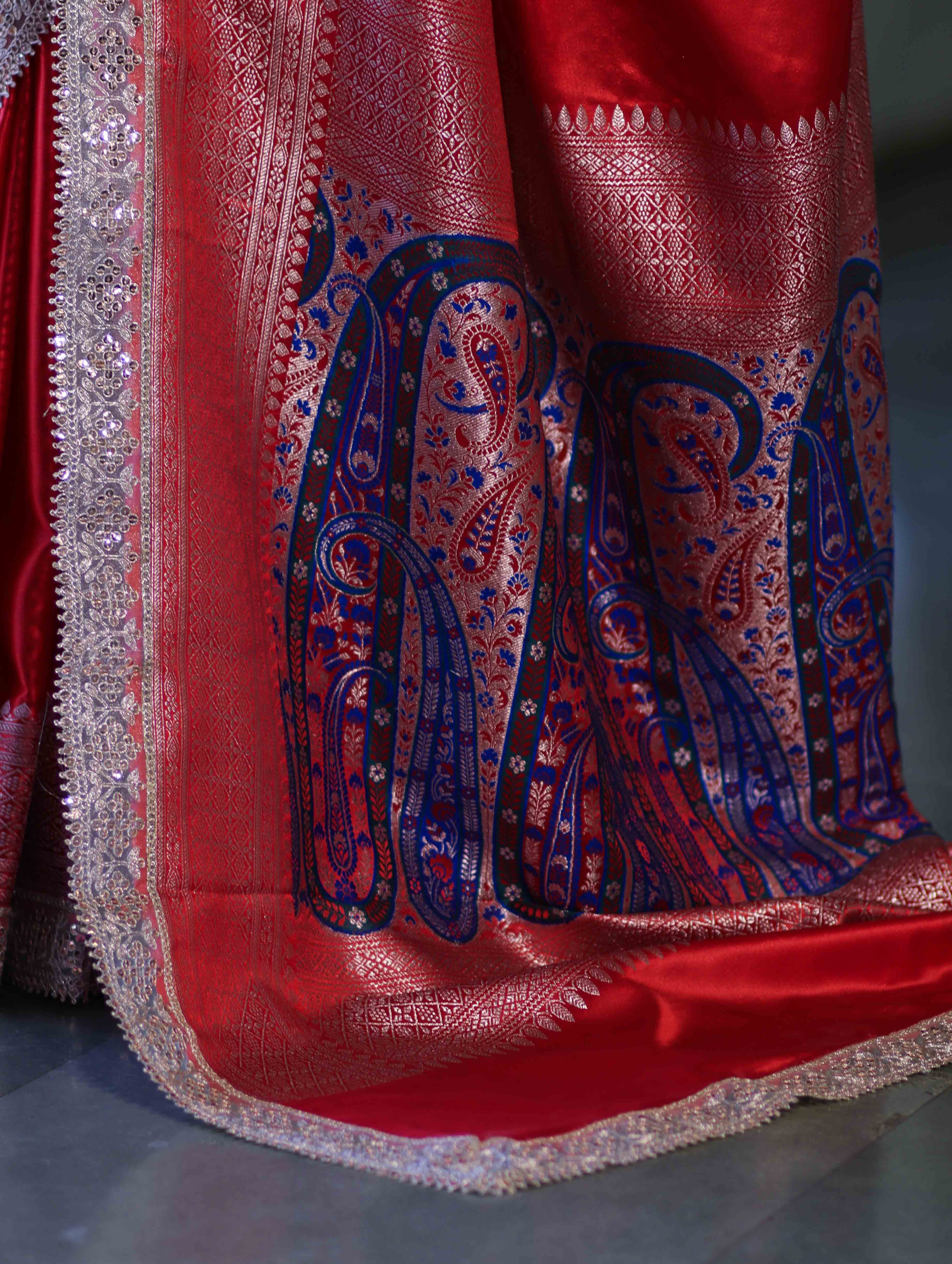 Banarasee Handloom Plain Mashru Silk Saree With Lace Border & Meenadar Pallu-Red