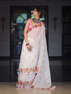Banarasee Handloom Cotton Saree With Embroidered Floral Design & Digital Printed Border-White