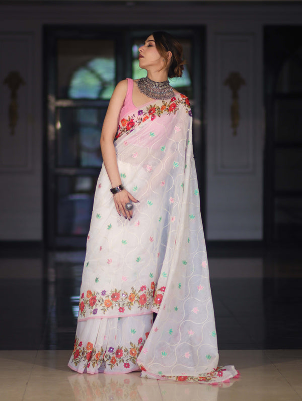 Banarasee Handloom Cotton Saree With Embroidered Floral Design & Digital Printed Border-White