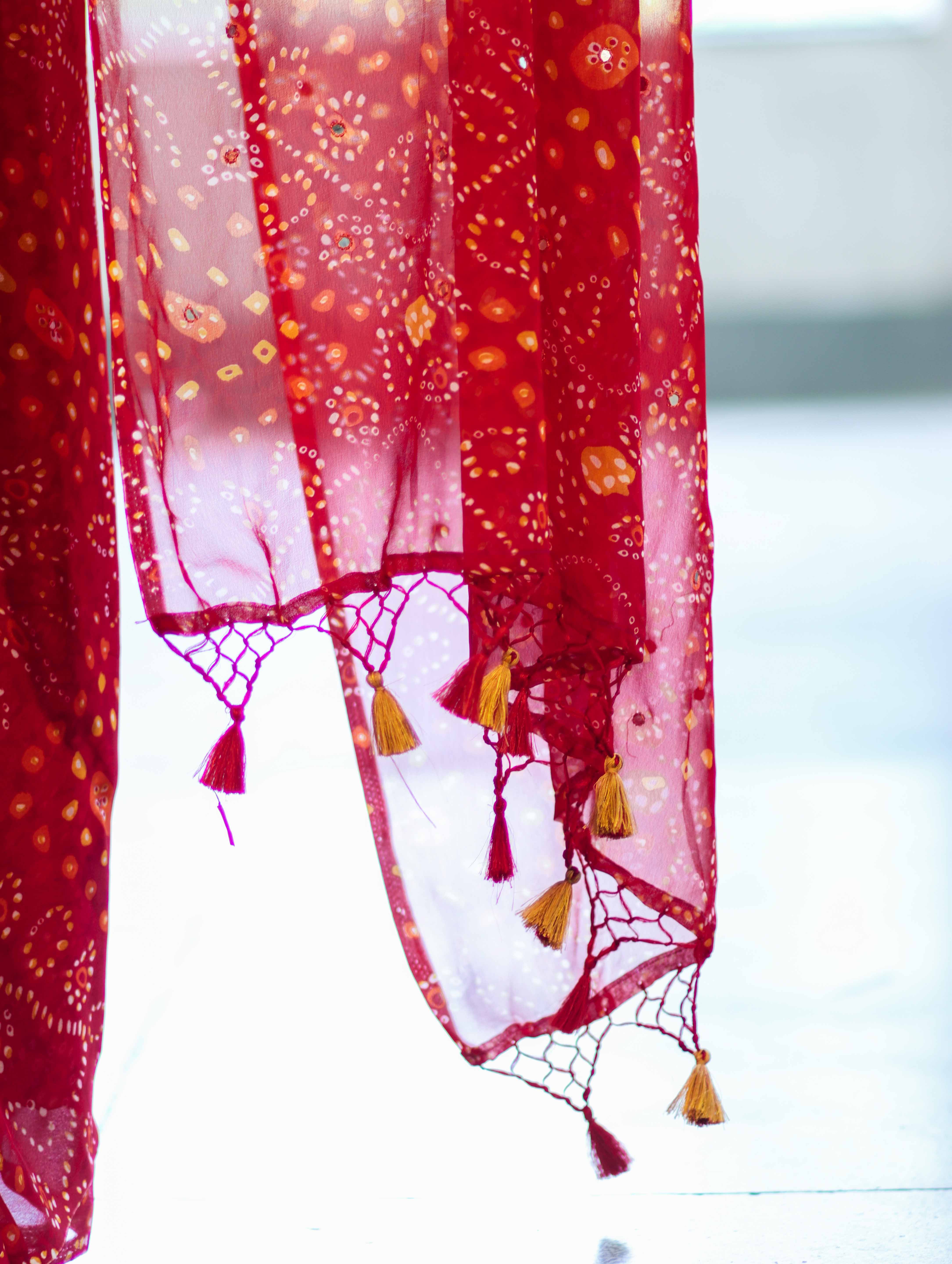 Banarasee Printed Handwork Chiffon Saree-Red