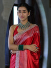 Banarasee Handloom Plain Mashru Silk Saree With Lace Border & Meenadar Pallu-Red