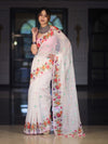 Banarasee Handloom Cotton Saree With Embroidered Floral Design & Digital Printed Border-White