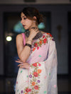 Banarasee Handloom Cotton Saree With Embroidered Floral Design & Digital Printed Border-White