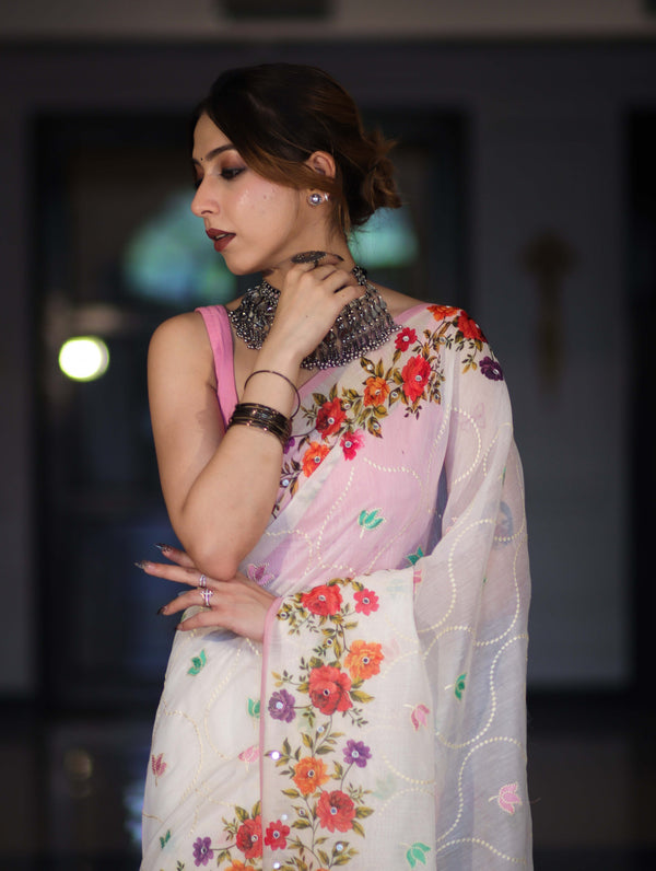 Banarasee Handloom Cotton Saree With Embroidered Floral Design & Digital Printed Border-White
