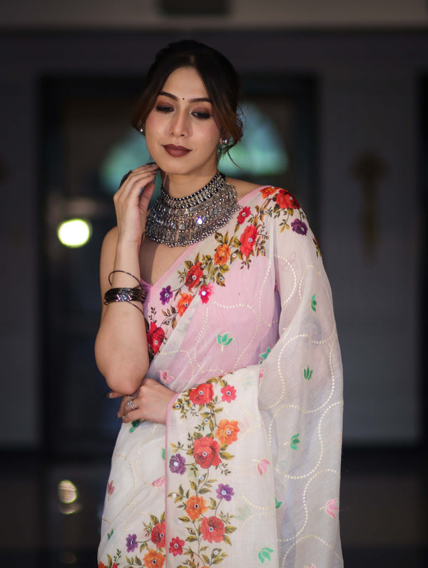 Banarasee Handloom Cotton Saree With Embroidered Floral Design & Digital Printed Border-White
