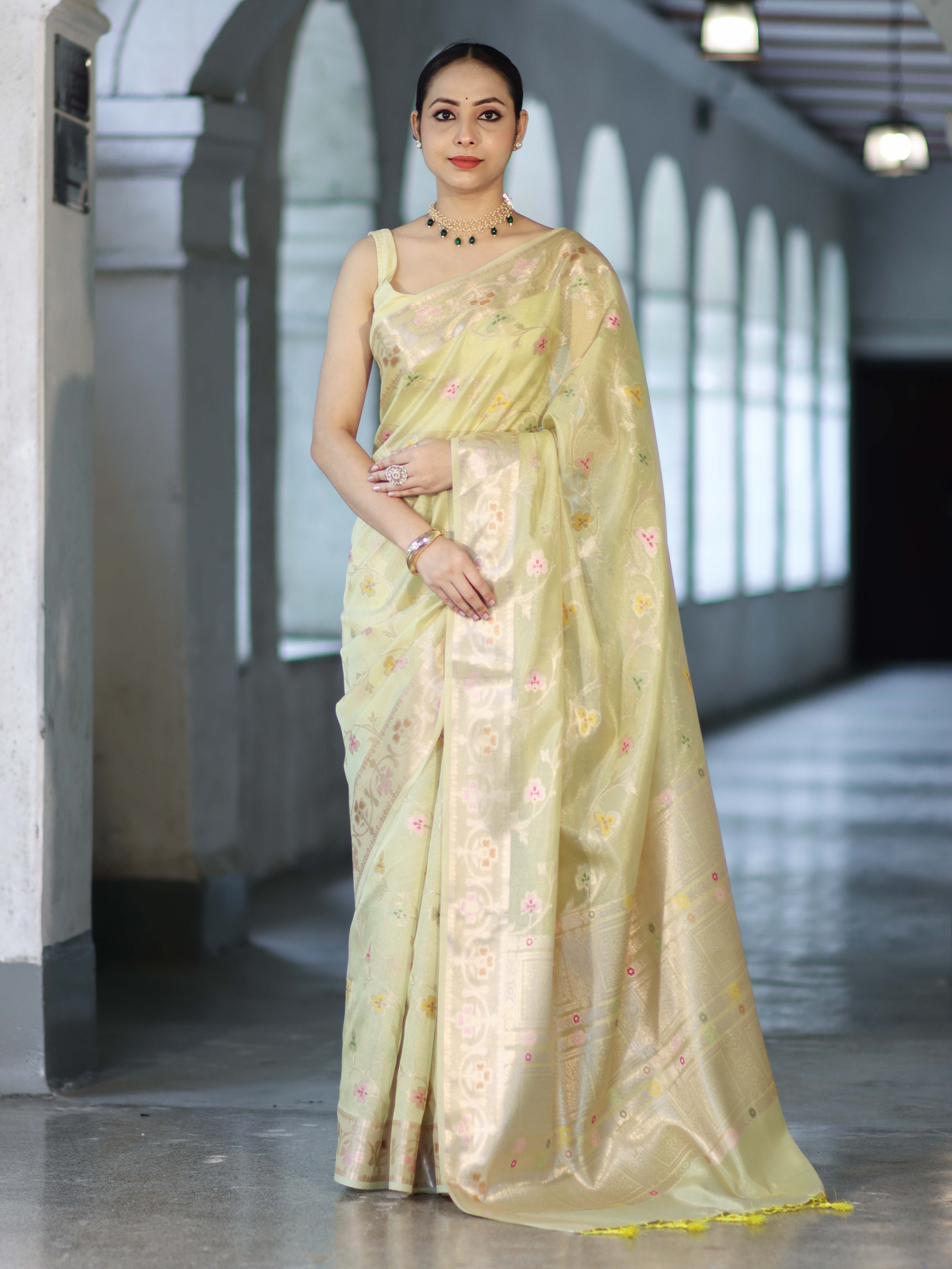 Banarasee Handloom Semi Dupion Silk Saree With Resham & Zari Floral Design-Light Yellow