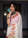 Banarasee Handloom Cotton Saree With Embroidered Floral Design & Digital Printed Border-White