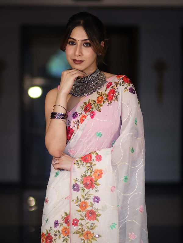 Banarasee Handloom Cotton Saree With Embroidered Floral Design & Digital Printed Border-White
