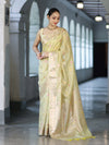 Banarasee Handloom Semi Dupion Silk Saree With Resham & Zari Floral Design-Light Yellow