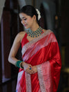 Banarasee Handloom Plain Mashru Silk Saree With Lace Border & Meenadar Pallu-Red