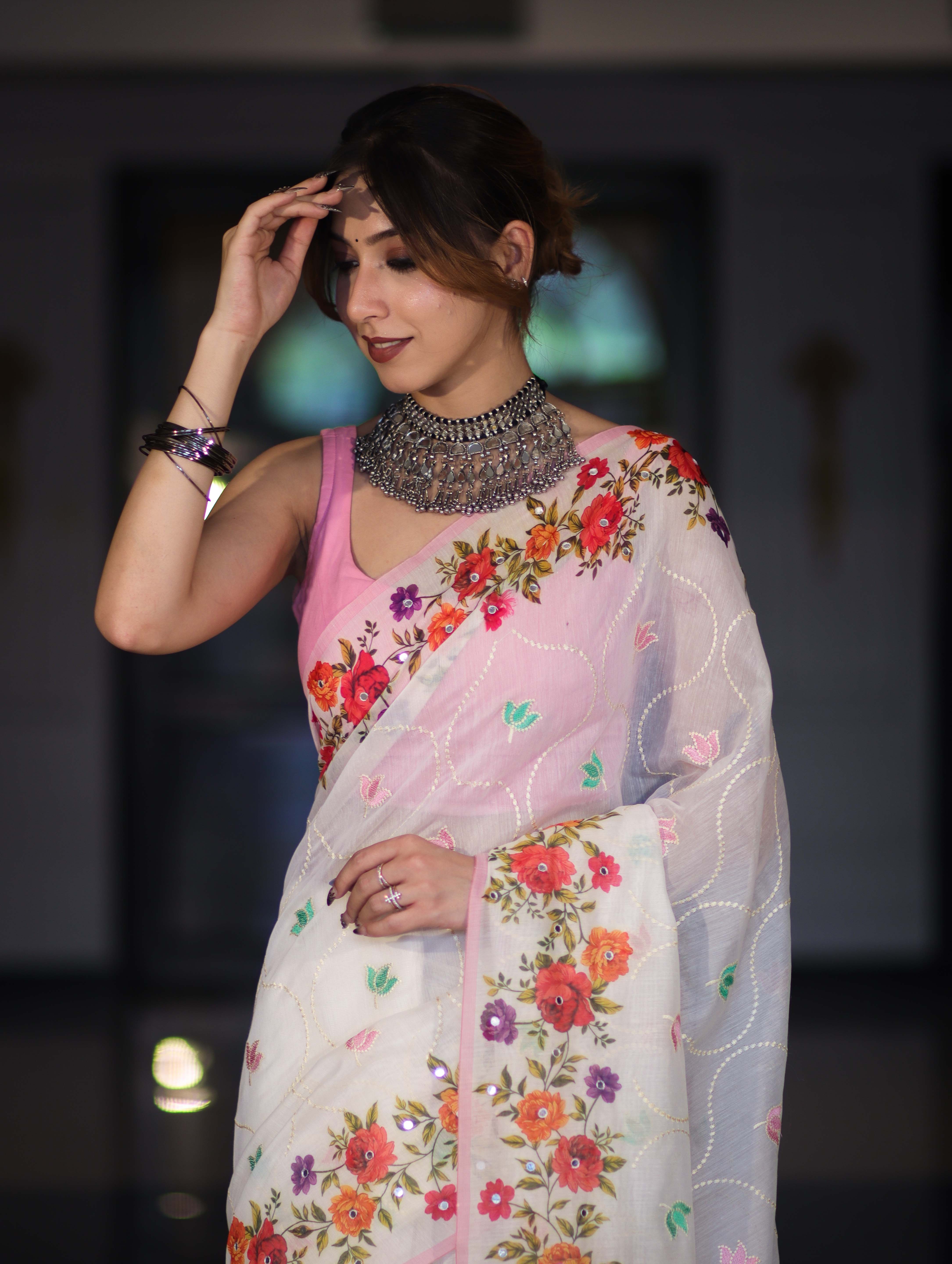 Banarasee Handloom Cotton Saree With Embroidered Floral Design & Digital Printed Border-White