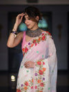 Banarasee Handloom Cotton Saree With Embroidered Floral Design & Digital Printed Border-White