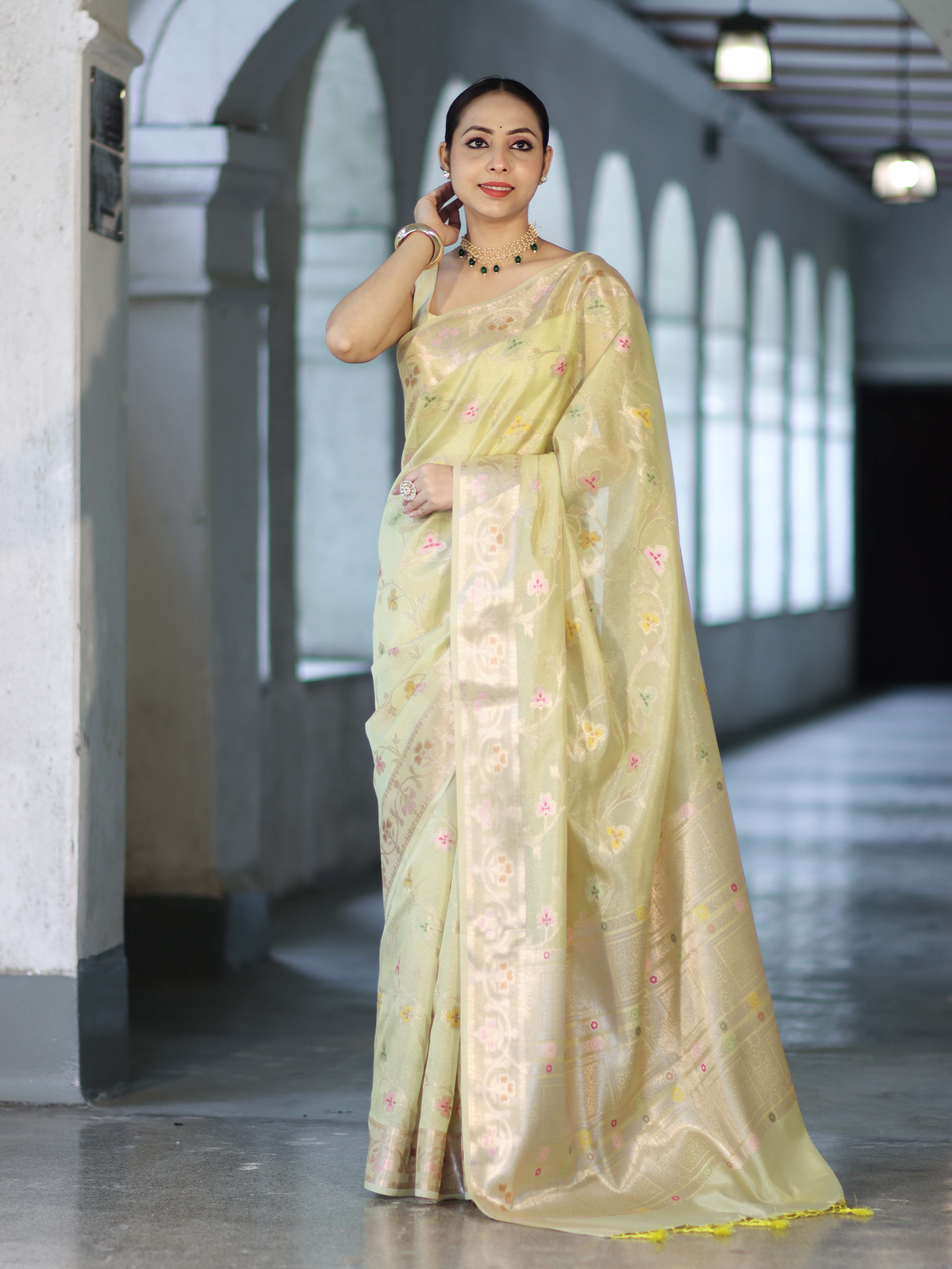 Banarasee Handloom Semi Dupion Silk Saree With Resham & Zari Floral Design-Light Yellow