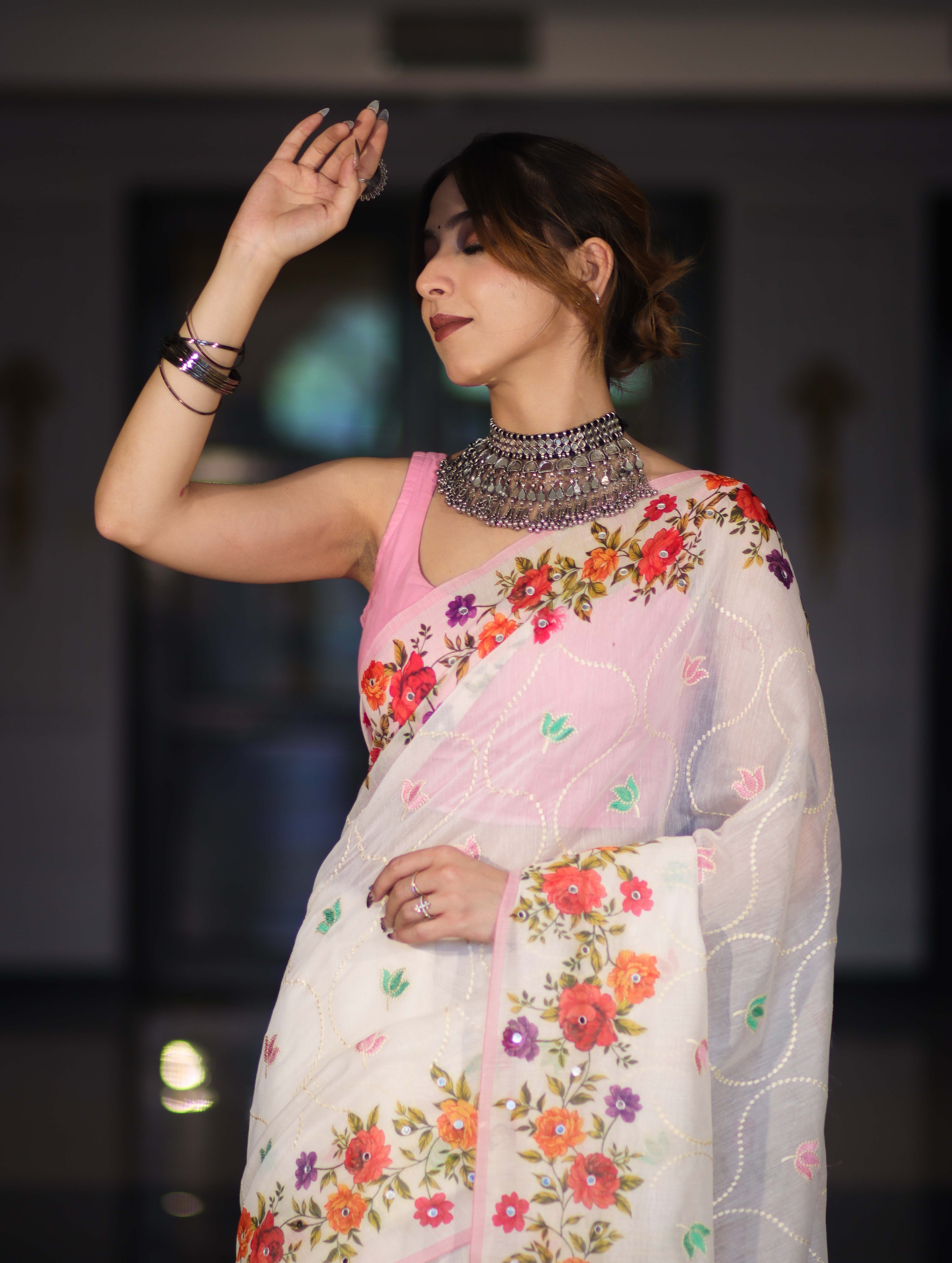 Banarasee Handloom Cotton Saree With Embroidered Floral Design & Digital Printed Border-White