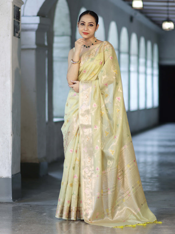 Banarasee Handloom Semi Dupion Silk Saree With Resham & Zari Floral Design-Light Yellow