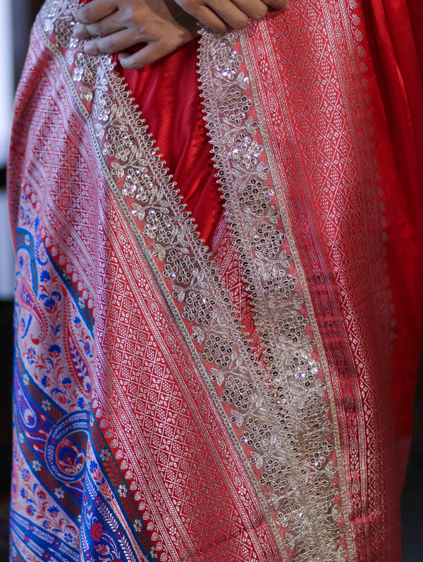 Banarasee Handloom Plain Mashru Silk Saree With Lace Border & Meenadar Pallu-Red