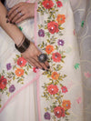 Banarasee Handloom Cotton Saree With Embroidered Floral Design & Digital Printed Border-White