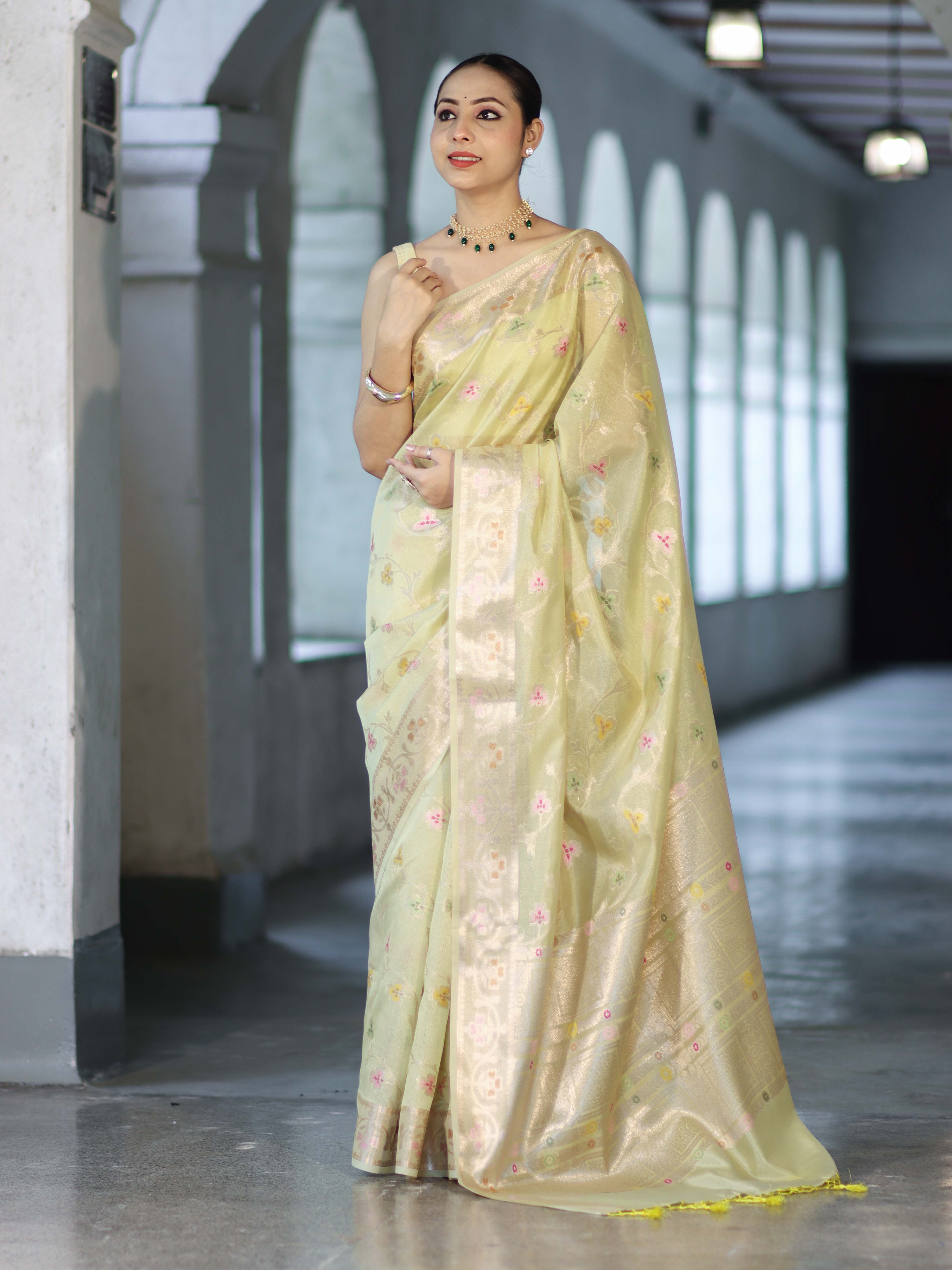 Banarasee Handloom Semi Dupion Silk Saree With Resham & Zari Floral Design-Light Yellow