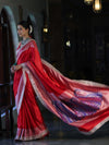 Banarasee Handloom Plain Mashru Silk Saree With Lace Border & Meenadar Pallu-Red