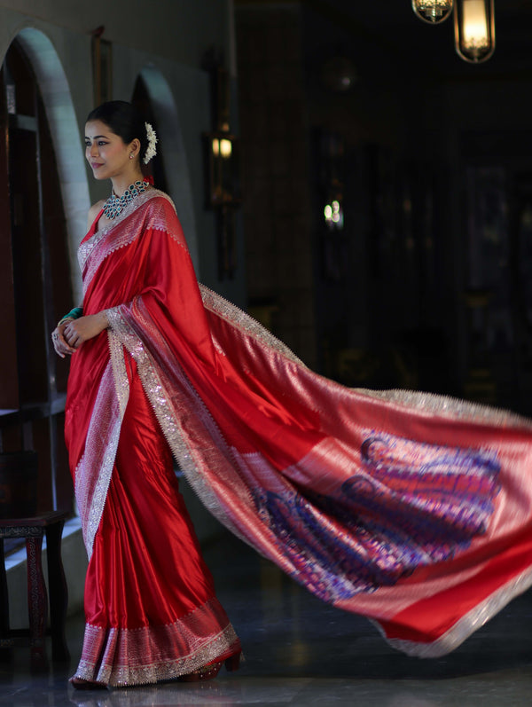 Banarasee Handloom Plain Mashru Silk Saree With Lace Border & Meenadar Pallu-Red