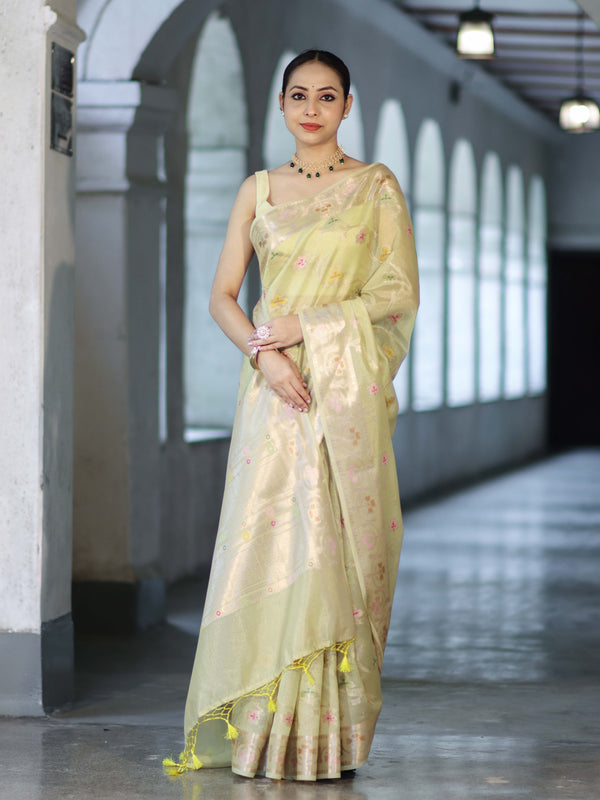Banarasee Handloom Semi Dupion Silk Saree With Resham & Zari Floral Design-Light Yellow