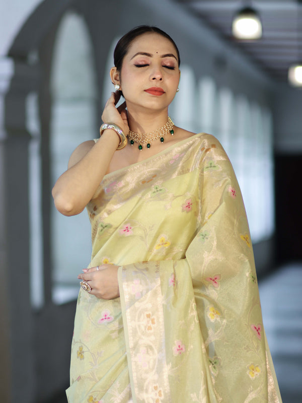 Banarasee Handloom Semi Dupion Silk Saree With Resham & Zari Floral Design-Light Yellow