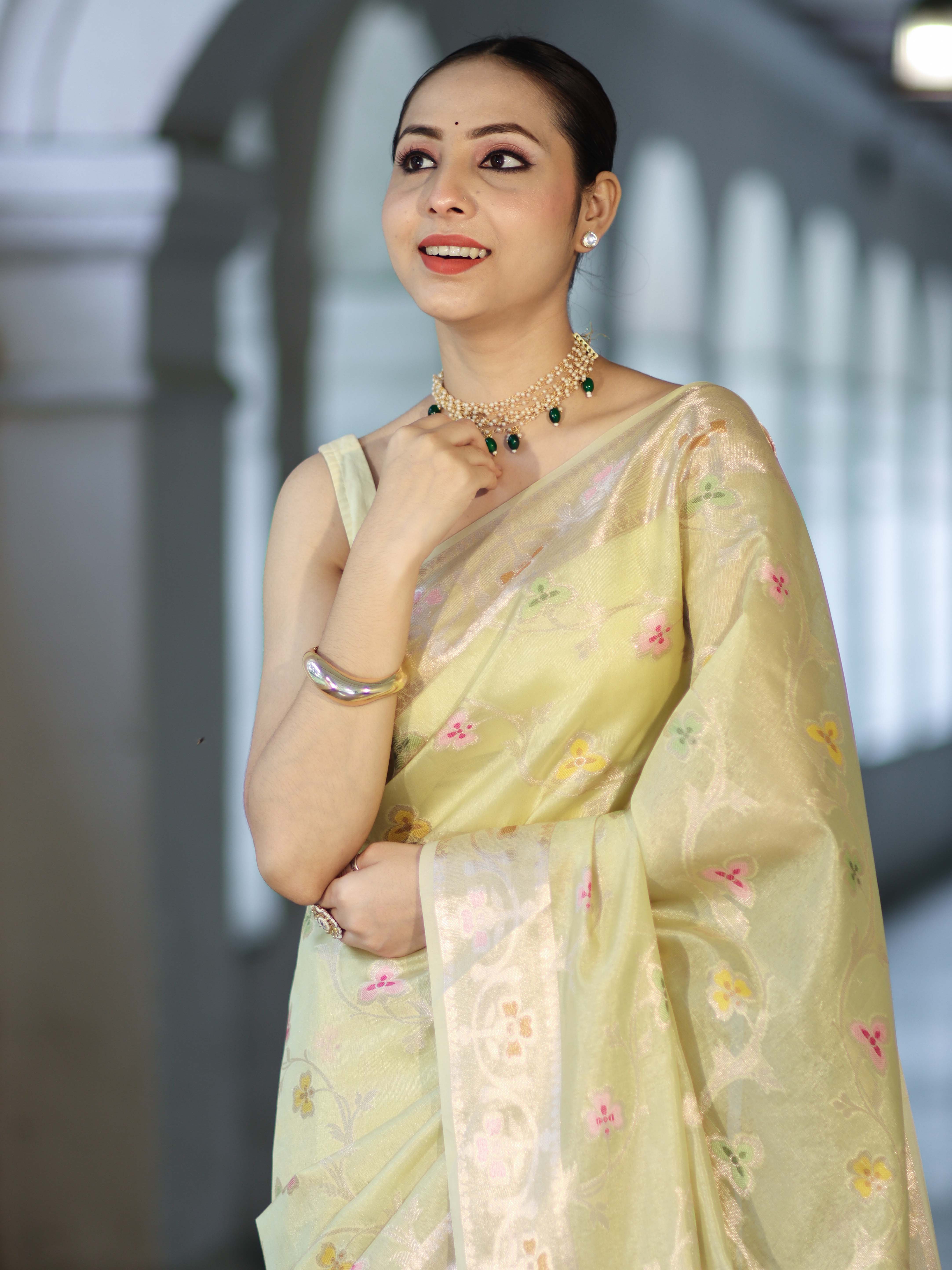 Banarasee Handloom Semi Dupion Silk Saree With Resham & Zari Floral Design-Light Yellow