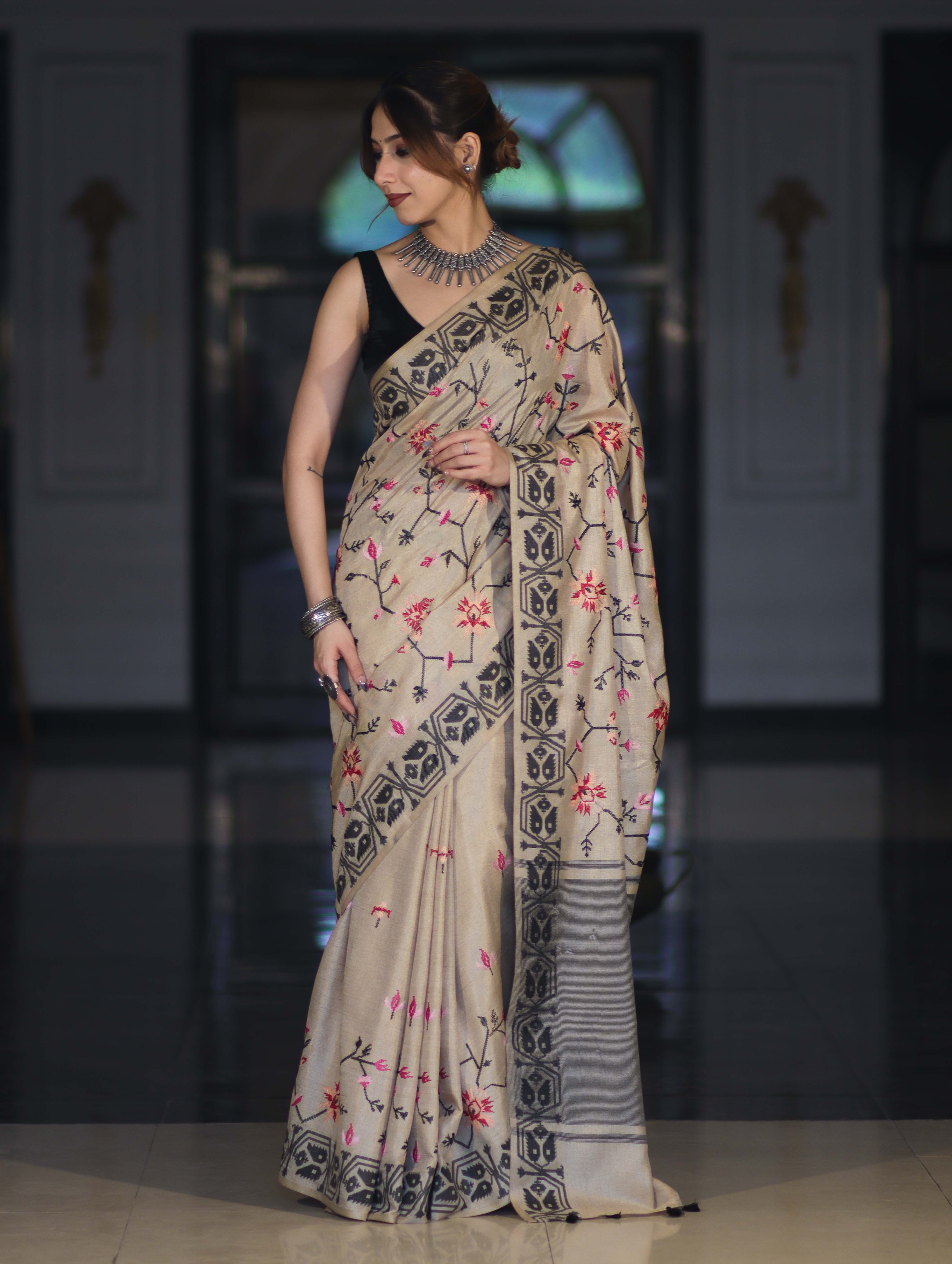 Banarasee Handwoven Semi-Tussar Saree With Embroidered Floral Motifs & Border-Beige & Black