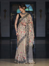 Banarasee Handwoven Semi-Tussar Saree With Embroidered Floral Motifs & Border-Beige & Black