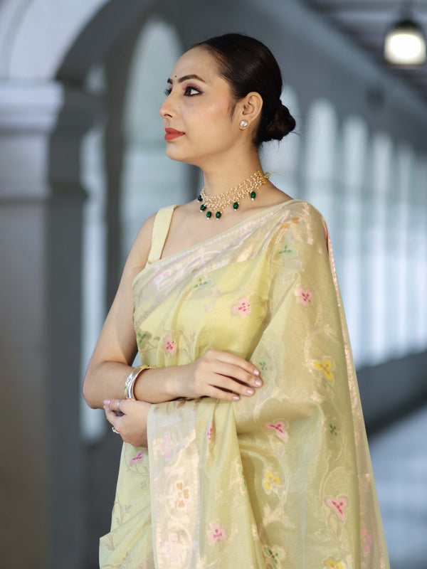 Banarasee Handloom Semi Dupion Silk Saree With Resham & Zari Floral Design-Light Yellow