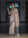Banarasee Handwoven Semi-Tussar Saree With Embroidered Floral Motifs & Border-Beige & Black