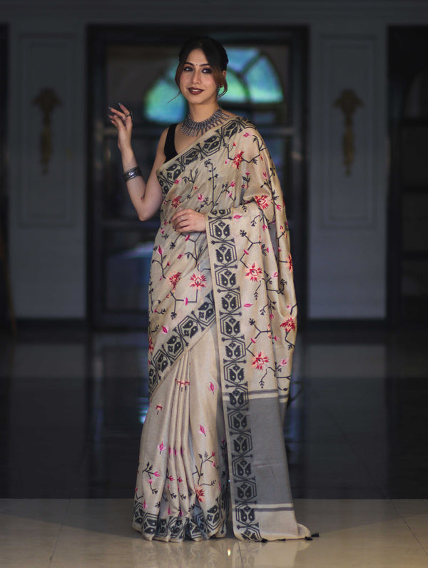 Banarasee Handwoven Semi-Tussar Saree With Embroidered Floral Motifs & Border-Beige & Black