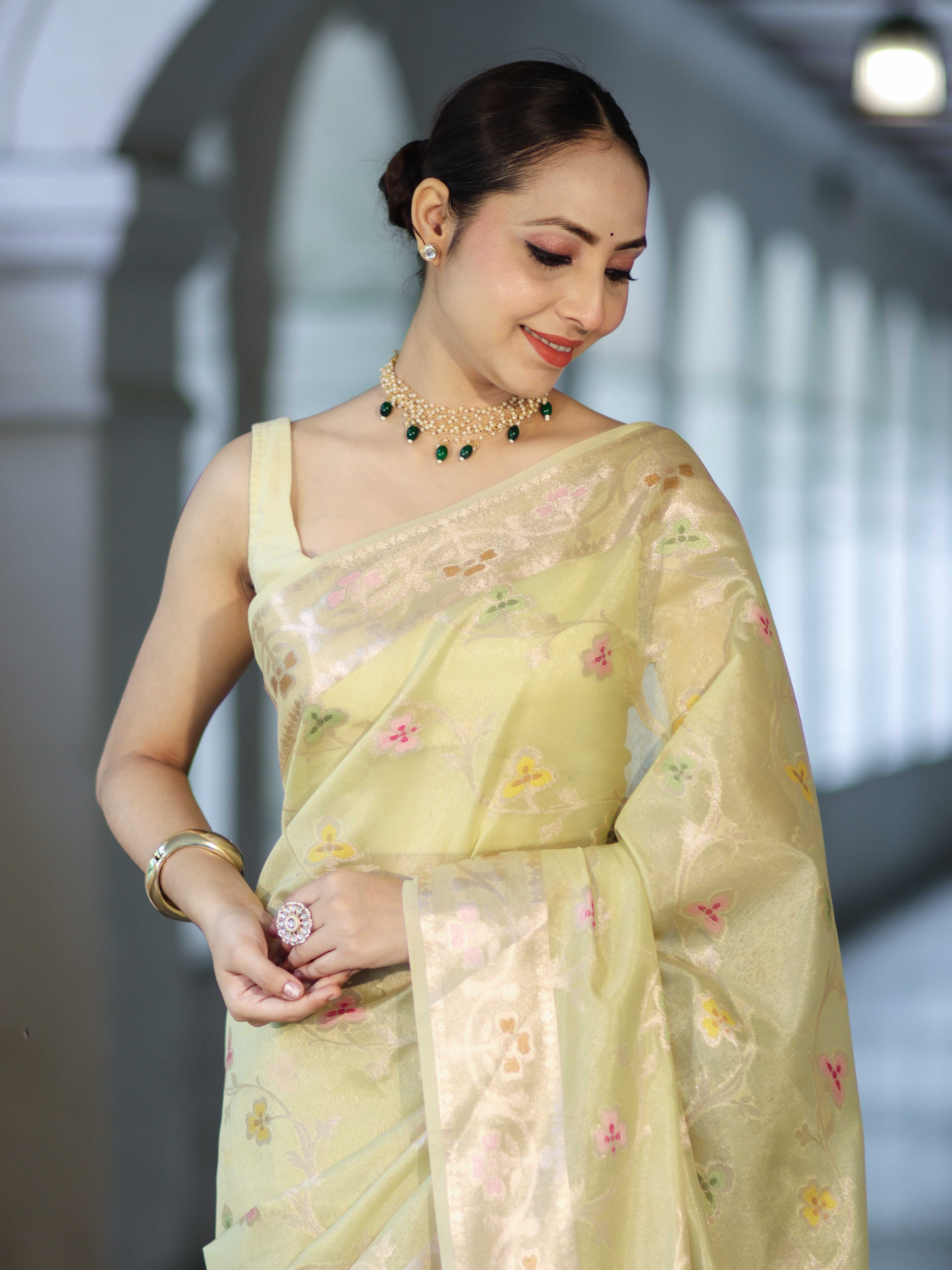 Banarasee Handloom Semi Dupion Silk Saree With Resham & Zari Floral Design-Light Yellow