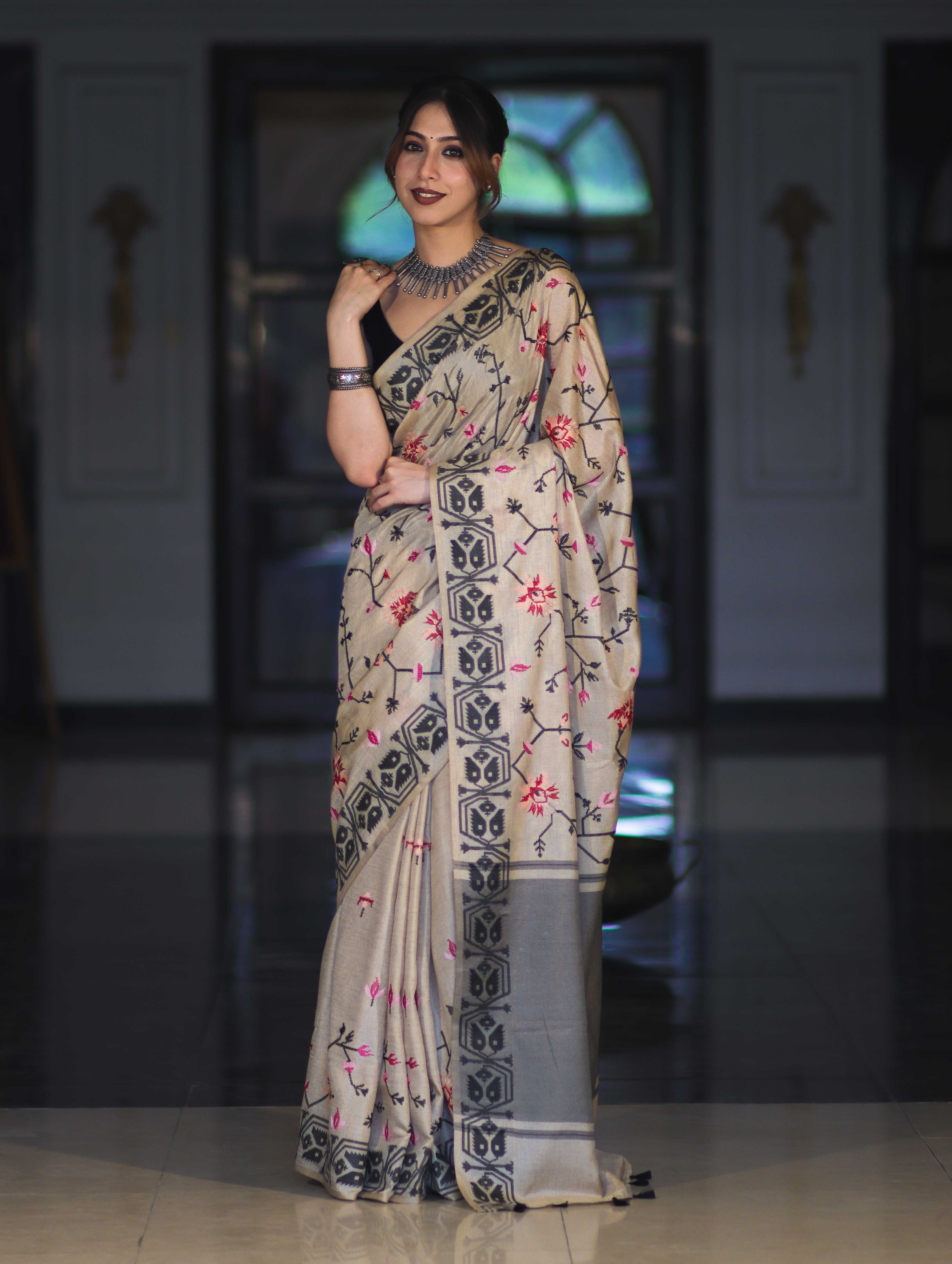 Banarasee Handwoven Semi-Tussar Saree With Embroidered Floral Motifs & Border-Beige & Black