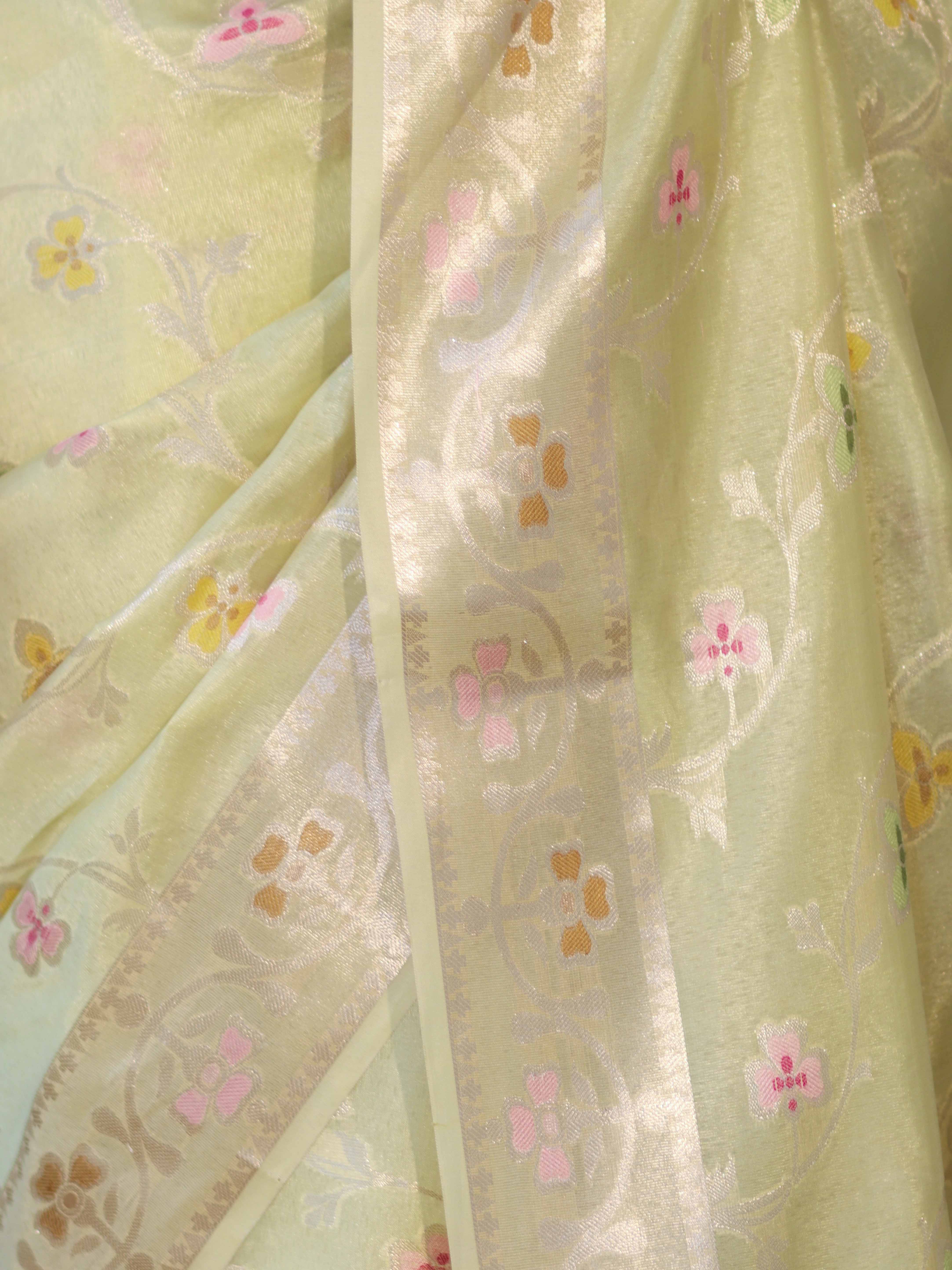 Banarasee Handloom Semi Dupion Silk Saree With Resham & Zari Floral Design-Light Yellow