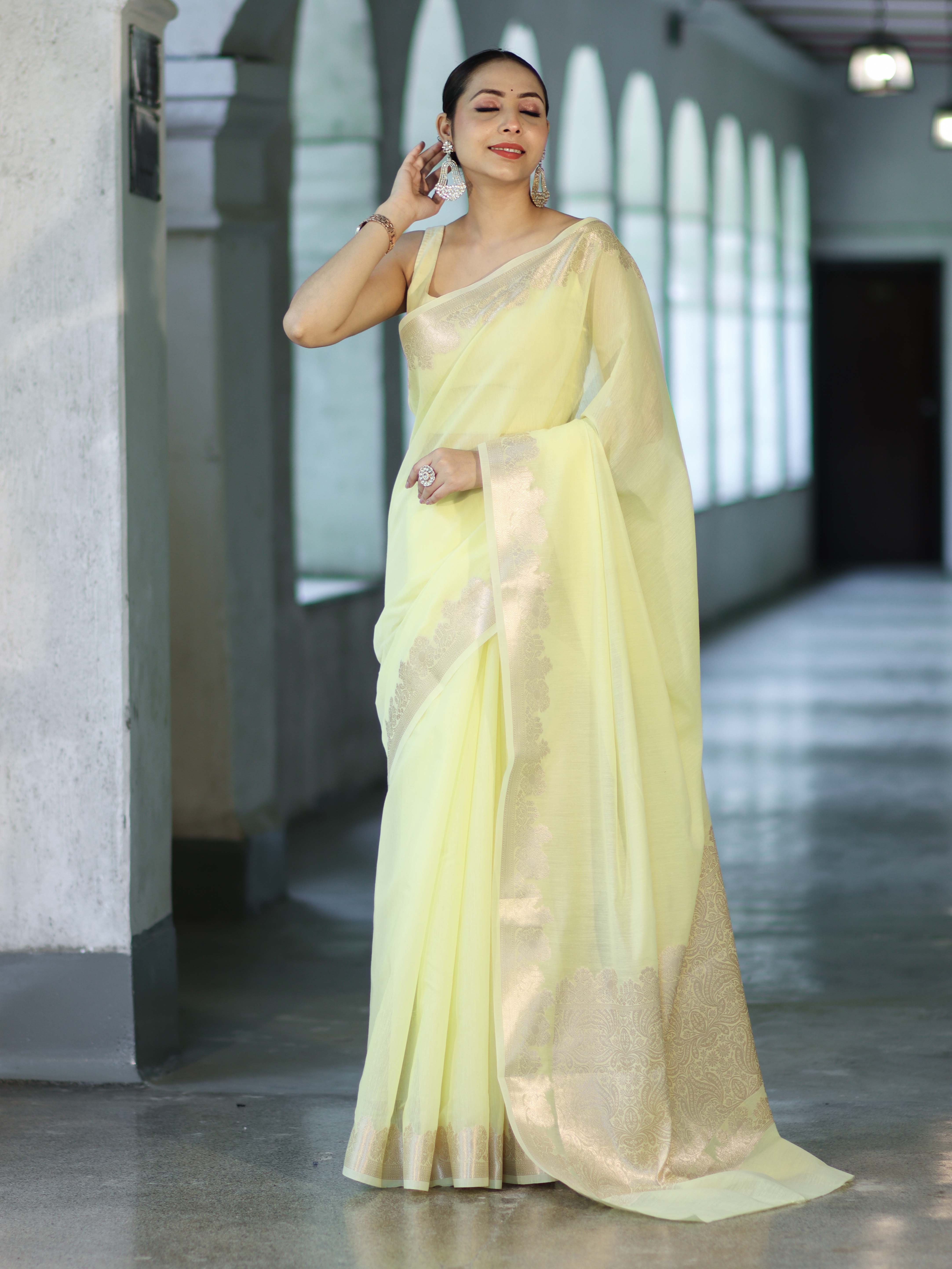 Banarasee Handloom Cotton Silk Plain Saree With Floral Zari Border-Light Yellow