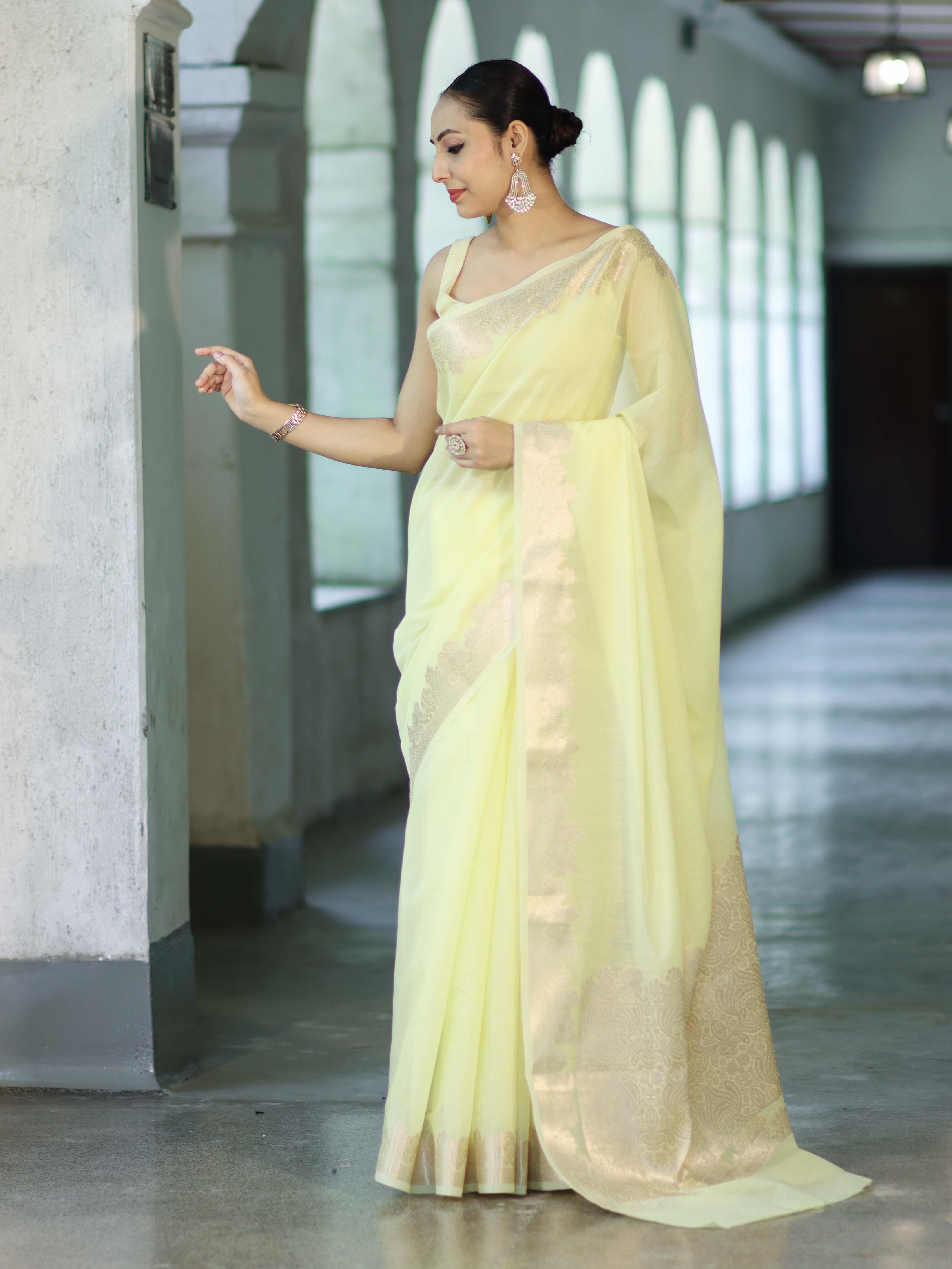 Banarasee Handloom Cotton Silk Plain Saree With Floral Zari Border-Light Yellow