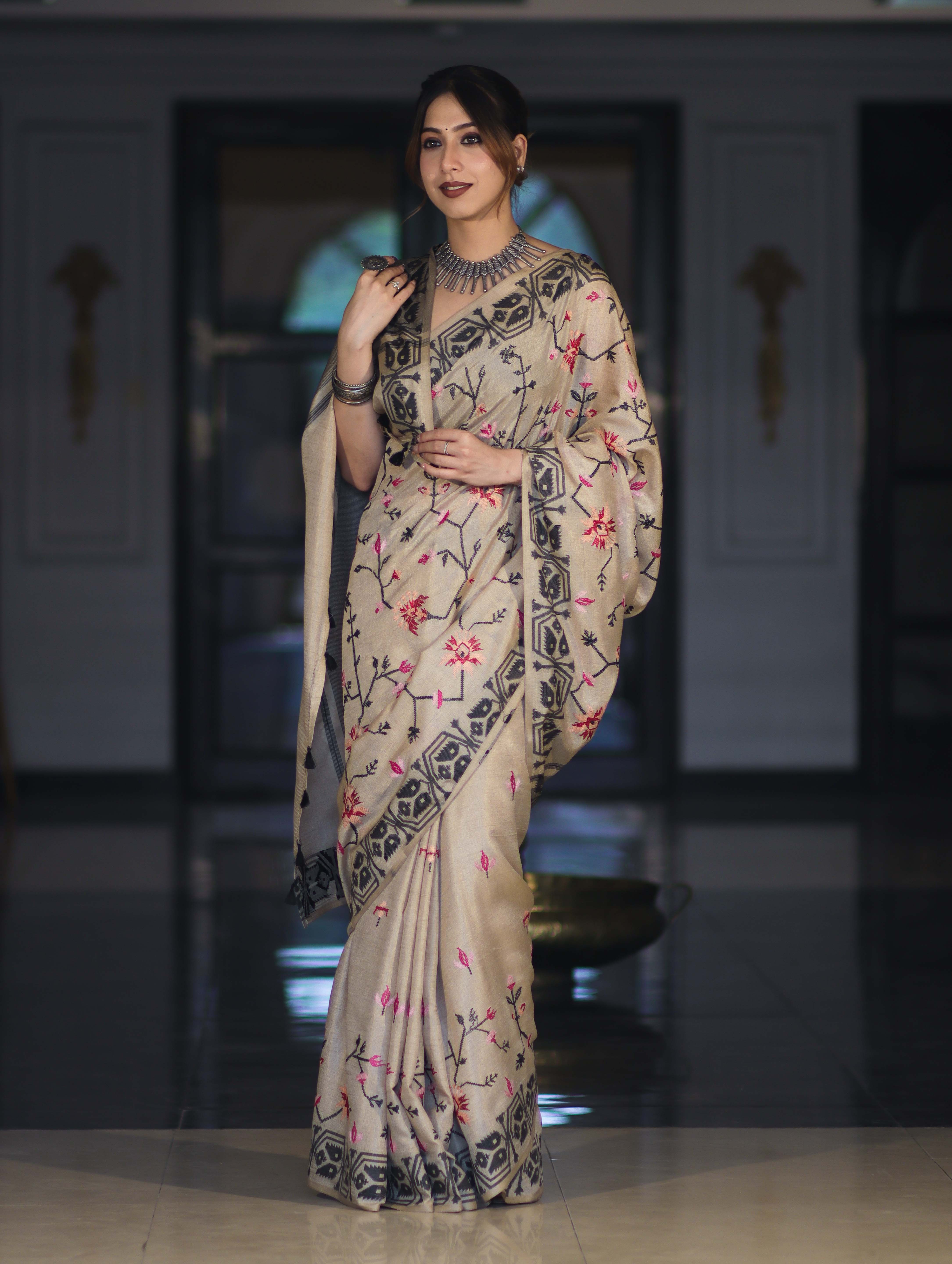 Banarasee Handwoven Semi-Tussar Saree With Embroidered Floral Motifs & Border-Beige & Black