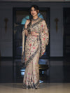 Banarasee Handwoven Semi-Tussar Saree With Embroidered Floral Motifs & Border-Beige & Black