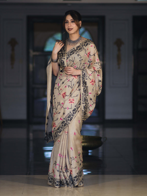 Banarasee Handwoven Semi-Tussar Saree With Embroidered Floral Motifs & Border-Beige & Black