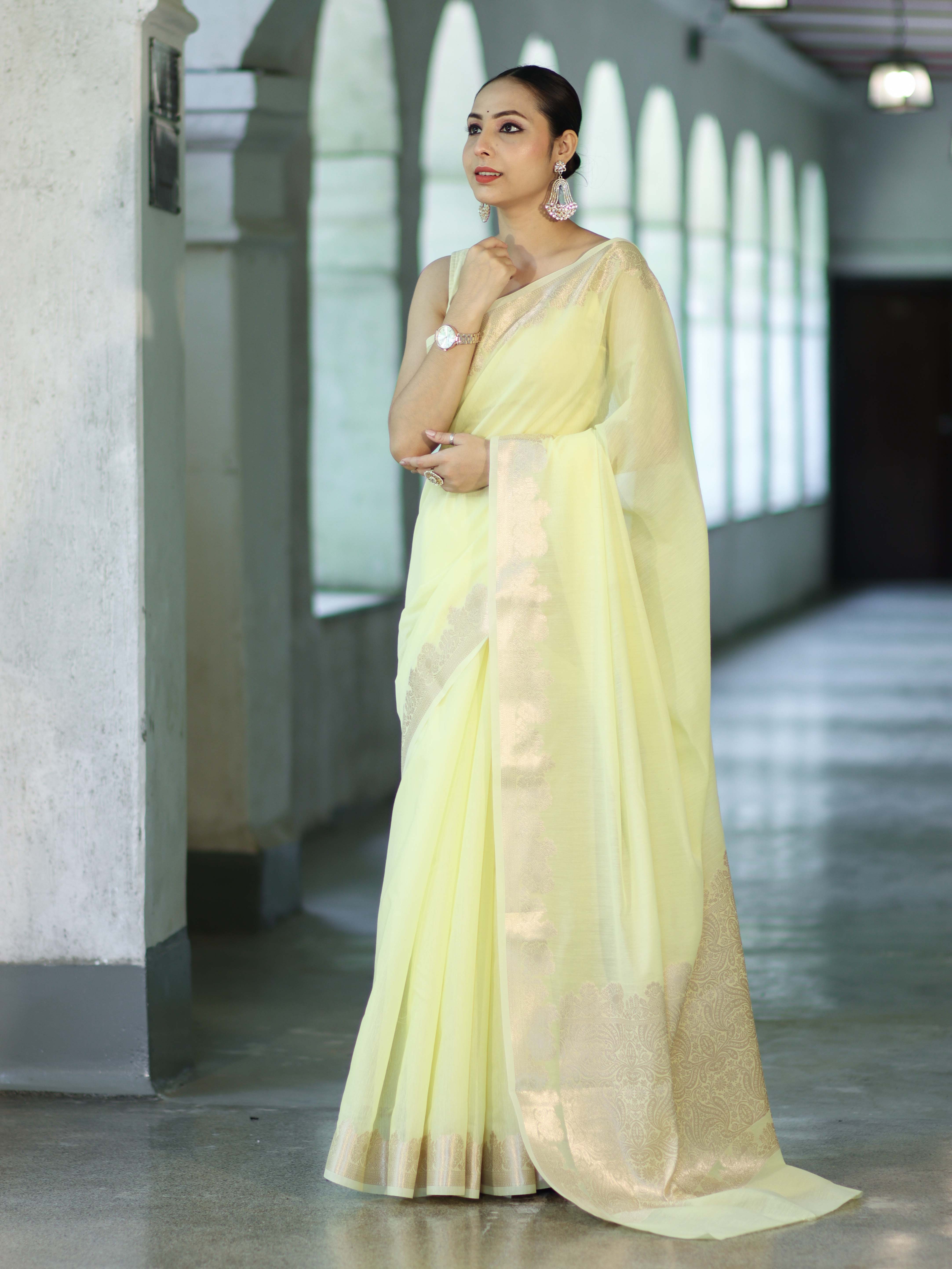 Banarasee Handloom Cotton Silk Plain Saree With Floral Zari Border-Light Yellow