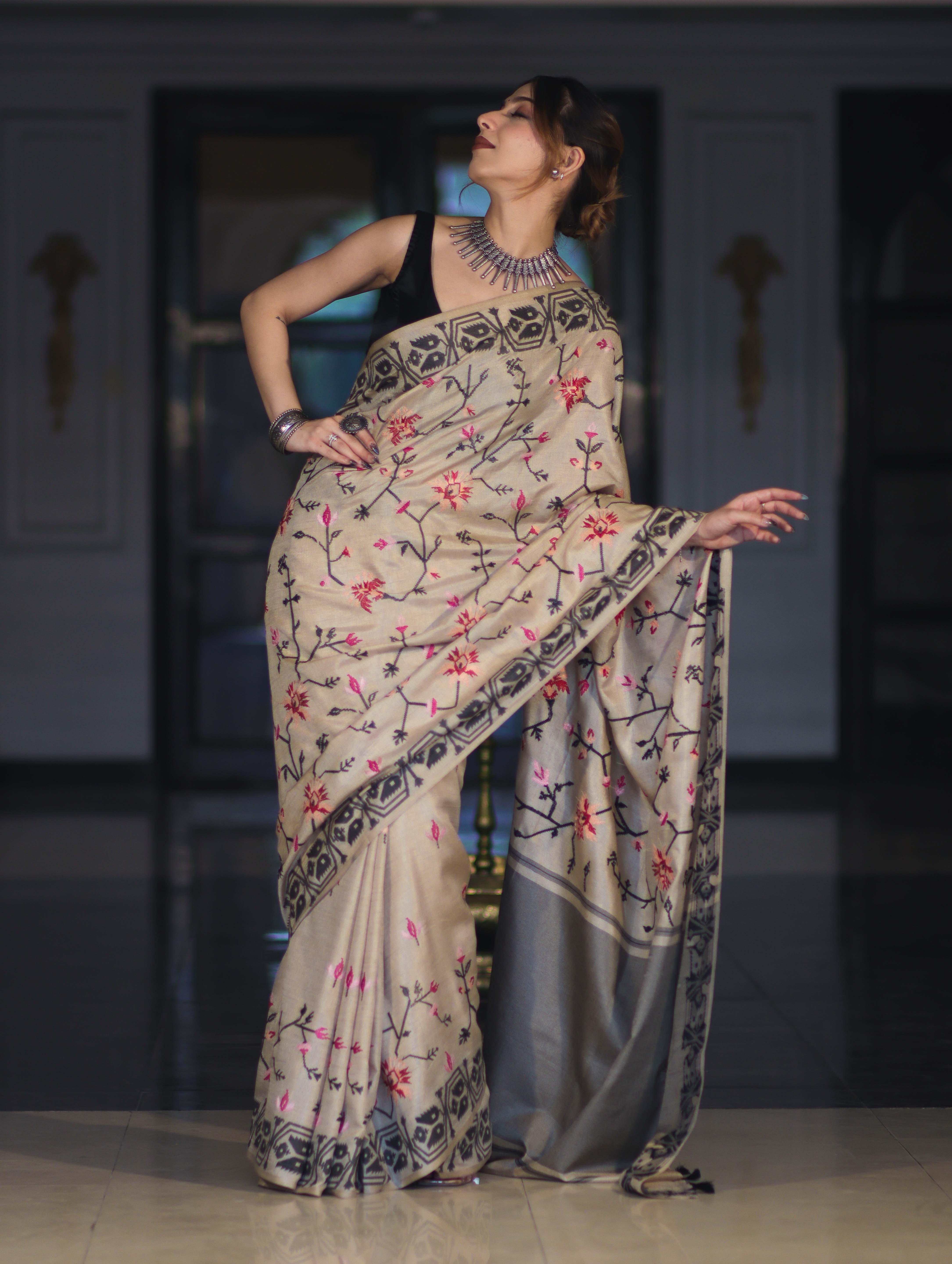 Banarasee Handwoven Semi-Tussar Saree With Embroidered Floral Motifs & Border-Beige & Black