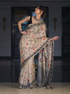 Banarasee Handwoven Semi-Tussar Saree With Embroidered Floral Motifs & Border-Beige & Black