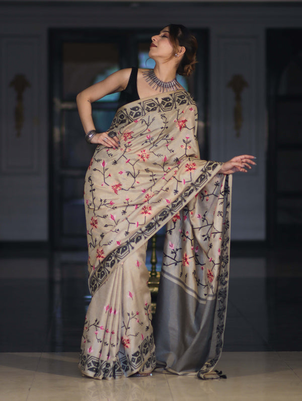Banarasee Handwoven Semi-Tussar Saree With Embroidered Floral Motifs & Border-Beige & Black