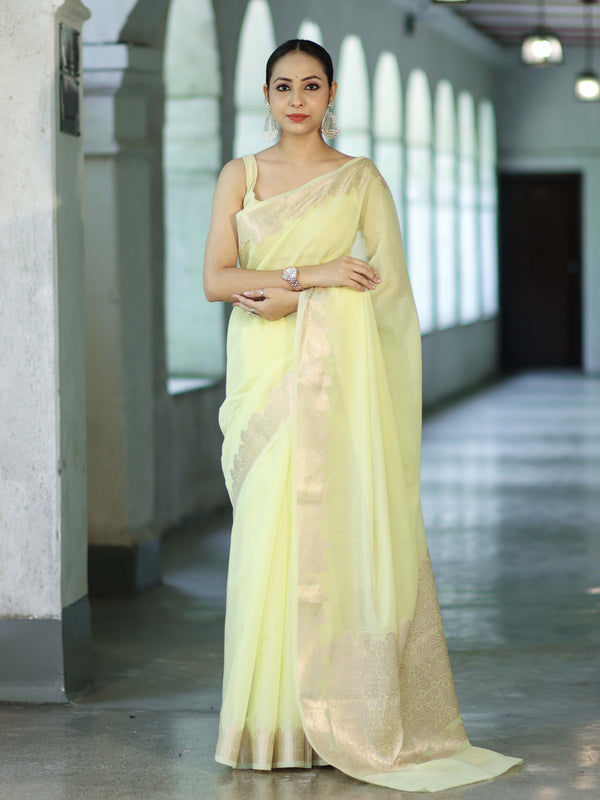 Banarasee Handloom Cotton Silk Plain Saree With Floral Zari Border-Light Yellow